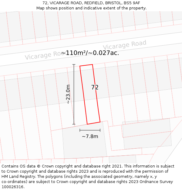72, VICARAGE ROAD, REDFIELD, BRISTOL, BS5 9AF: Plot and title map