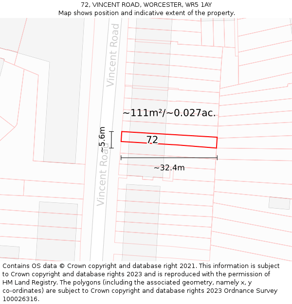 72, VINCENT ROAD, WORCESTER, WR5 1AY: Plot and title map