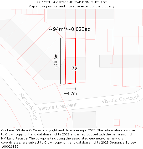 72, VISTULA CRESCENT, SWINDON, SN25 1QE: Plot and title map