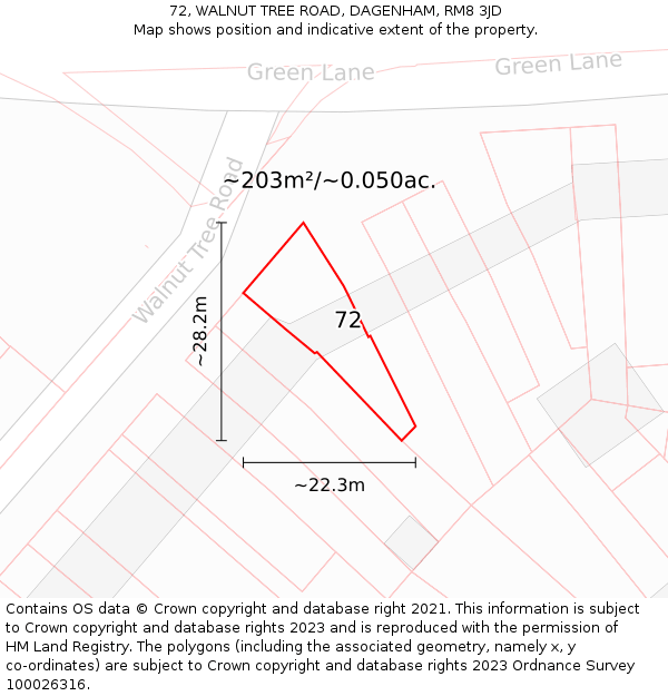 72, WALNUT TREE ROAD, DAGENHAM, RM8 3JD: Plot and title map
