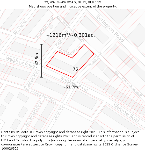 72, WALSHAW ROAD, BURY, BL8 1NX: Plot and title map