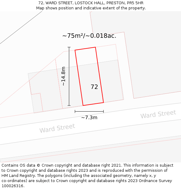 72, WARD STREET, LOSTOCK HALL, PRESTON, PR5 5HR: Plot and title map