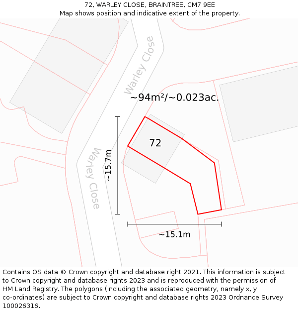 72, WARLEY CLOSE, BRAINTREE, CM7 9EE: Plot and title map