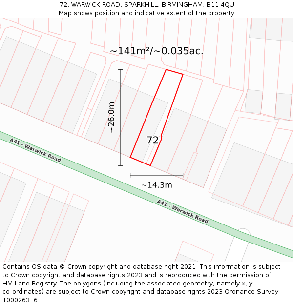 72, WARWICK ROAD, SPARKHILL, BIRMINGHAM, B11 4QU: Plot and title map