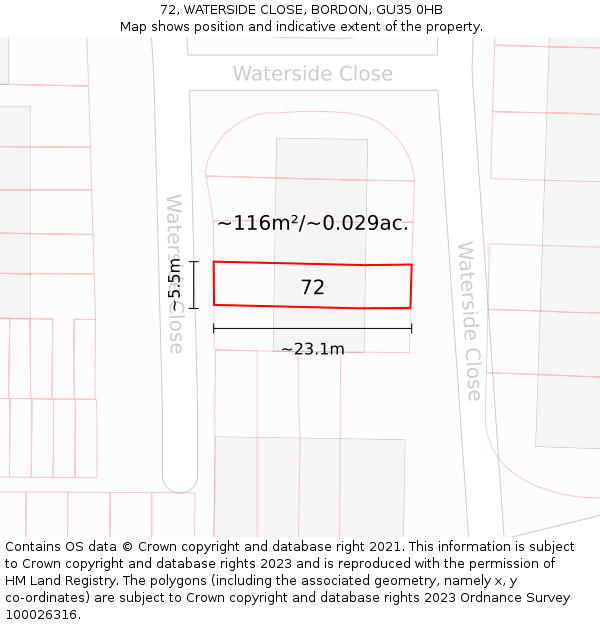 72, WATERSIDE CLOSE, BORDON, GU35 0HB: Plot and title map