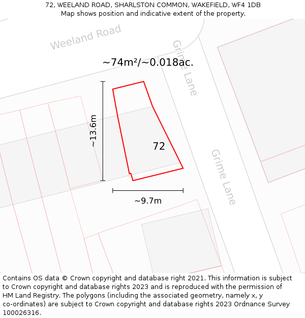 72, WEELAND ROAD, SHARLSTON COMMON, WAKEFIELD, WF4 1DB: Plot and title map