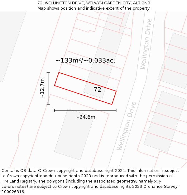 72, WELLINGTON DRIVE, WELWYN GARDEN CITY, AL7 2NB: Plot and title map