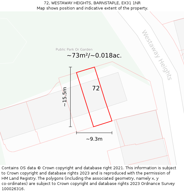 72, WESTAWAY HEIGHTS, BARNSTAPLE, EX31 1NR: Plot and title map