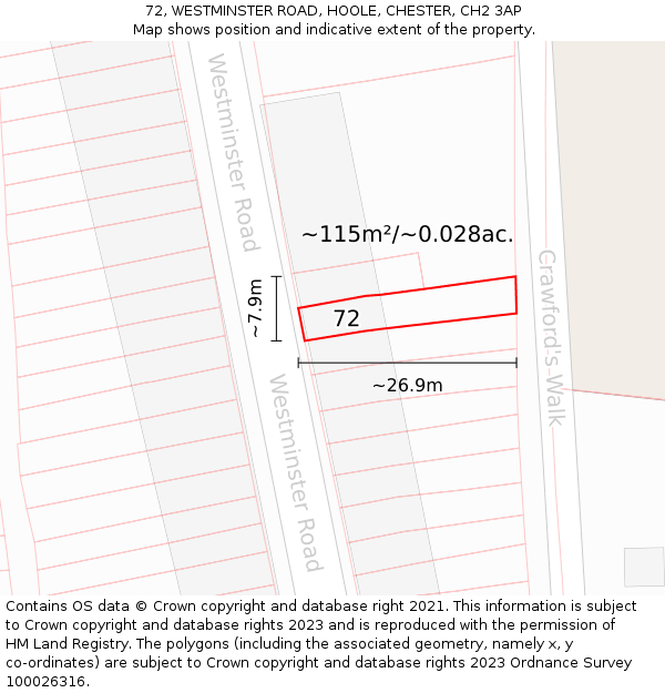 72, WESTMINSTER ROAD, HOOLE, CHESTER, CH2 3AP: Plot and title map