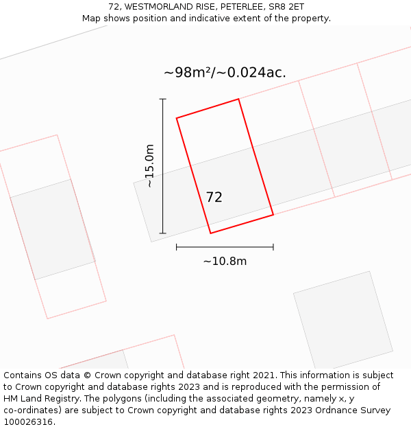 72, WESTMORLAND RISE, PETERLEE, SR8 2ET: Plot and title map