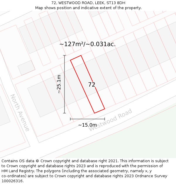 72, WESTWOOD ROAD, LEEK, ST13 8DH: Plot and title map