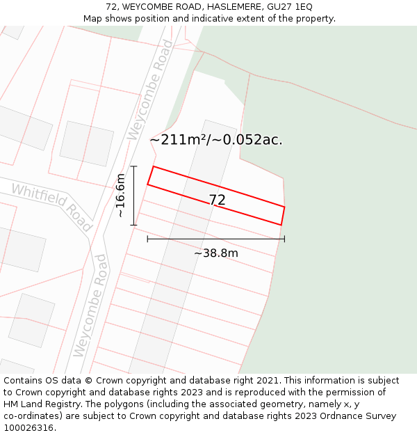 72, WEYCOMBE ROAD, HASLEMERE, GU27 1EQ: Plot and title map