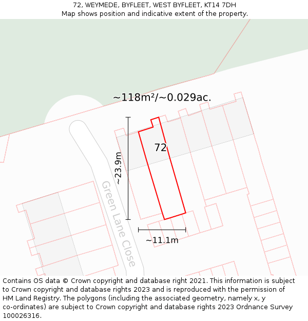 72, WEYMEDE, BYFLEET, WEST BYFLEET, KT14 7DH: Plot and title map