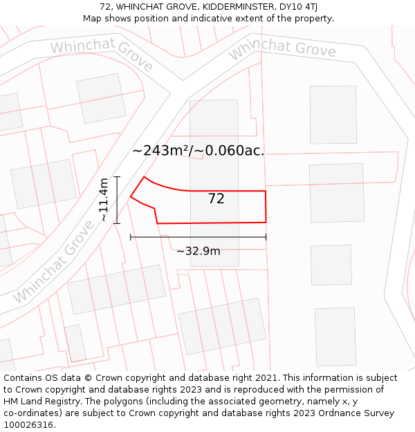 72, WHINCHAT GROVE, KIDDERMINSTER, DY10 4TJ: Plot and title map