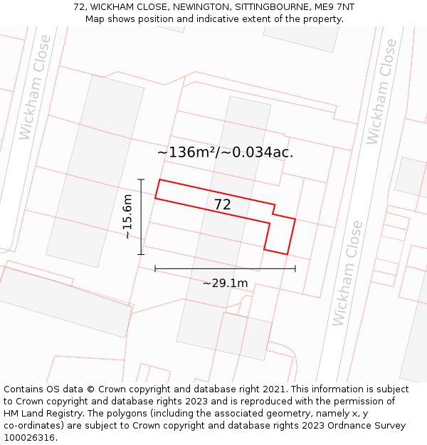 72, WICKHAM CLOSE, NEWINGTON, SITTINGBOURNE, ME9 7NT: Plot and title map