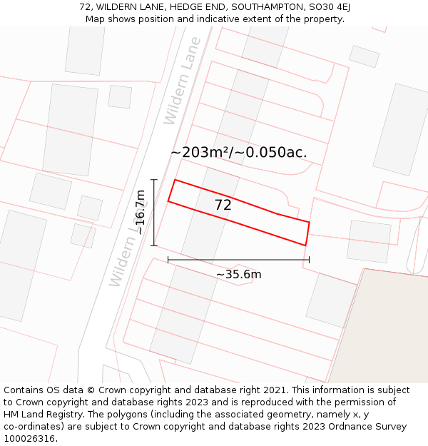 72, WILDERN LANE, HEDGE END, SOUTHAMPTON, SO30 4EJ: Plot and title map