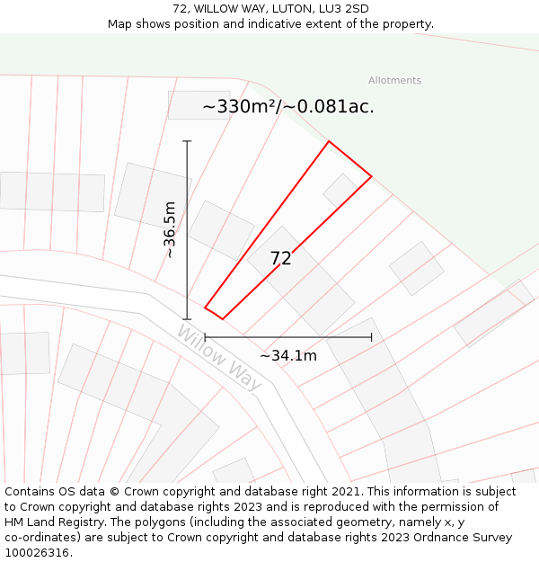 72, WILLOW WAY, LUTON, LU3 2SD: Plot and title map