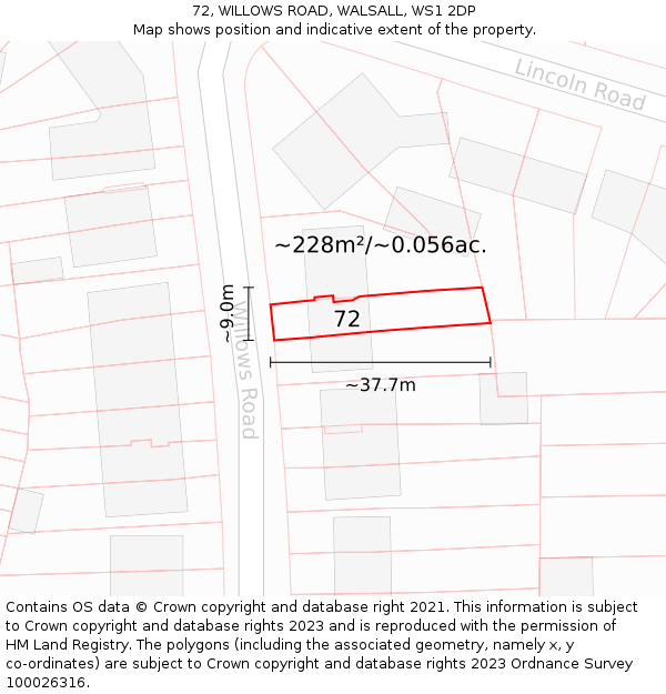 72, WILLOWS ROAD, WALSALL, WS1 2DP: Plot and title map