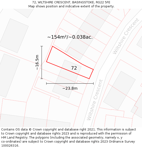 72, WILTSHIRE CRESCENT, BASINGSTOKE, RG22 5FE: Plot and title map