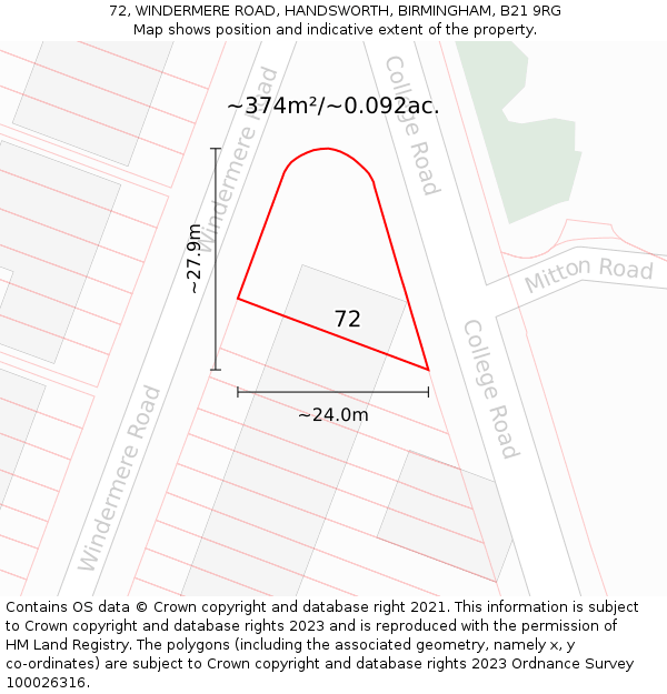 72, WINDERMERE ROAD, HANDSWORTH, BIRMINGHAM, B21 9RG: Plot and title map