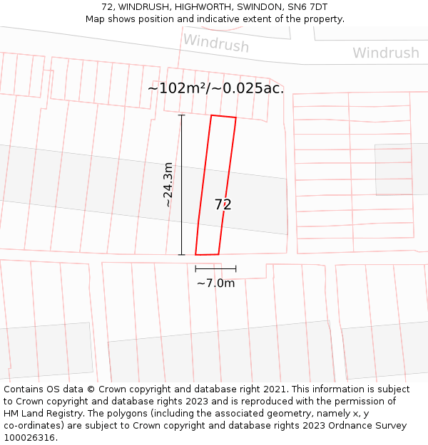 72, WINDRUSH, HIGHWORTH, SWINDON, SN6 7DT: Plot and title map