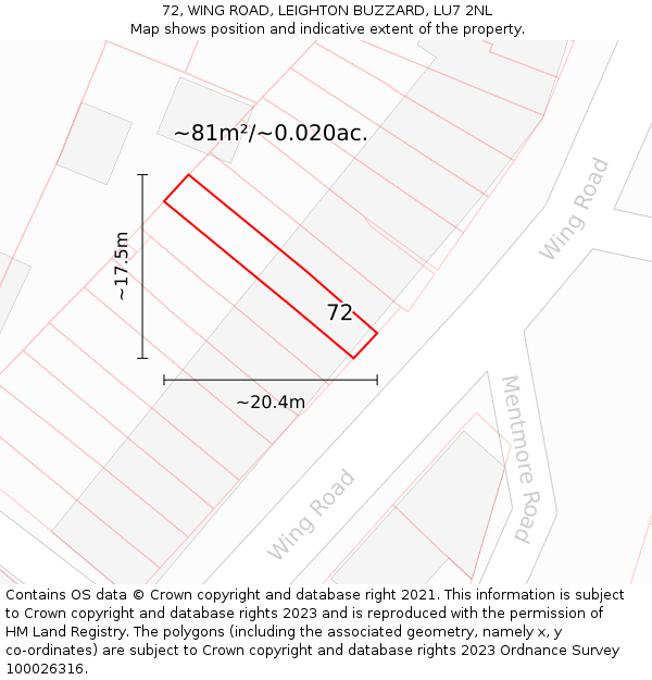 72, WING ROAD, LEIGHTON BUZZARD, LU7 2NL: Plot and title map