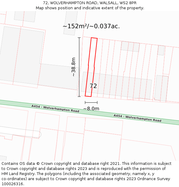 72, WOLVERHAMPTON ROAD, WALSALL, WS2 8PR: Plot and title map