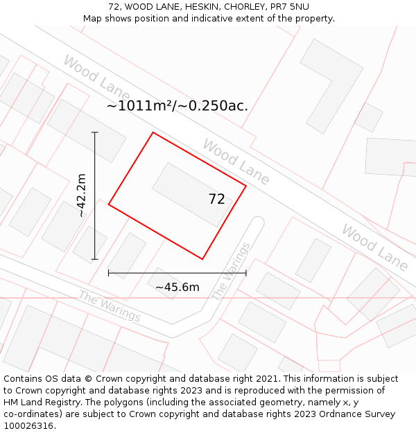 72, WOOD LANE, HESKIN, CHORLEY, PR7 5NU: Plot and title map