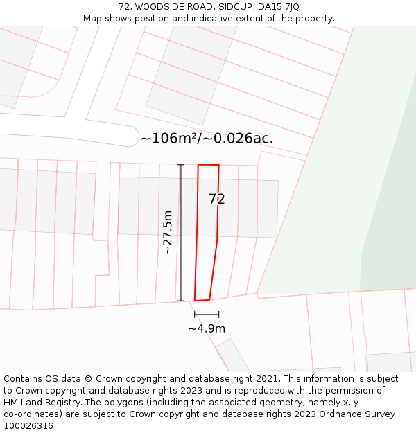 72, WOODSIDE ROAD, SIDCUP, DA15 7JQ: Plot and title map