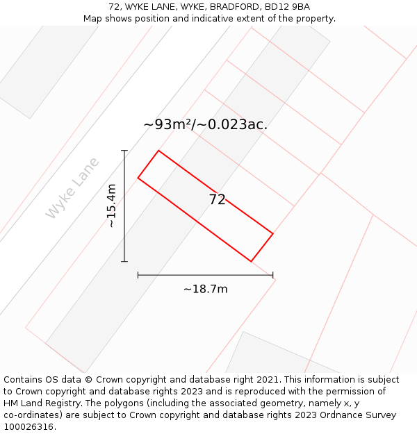 72, WYKE LANE, WYKE, BRADFORD, BD12 9BA: Plot and title map