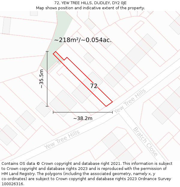 72, YEW TREE HILLS, DUDLEY, DY2 0JE: Plot and title map