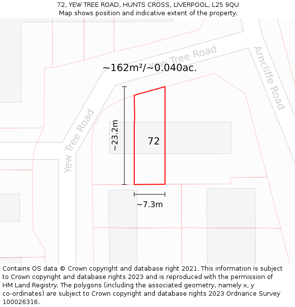 72, YEW TREE ROAD, HUNTS CROSS, LIVERPOOL, L25 9QU: Plot and title map