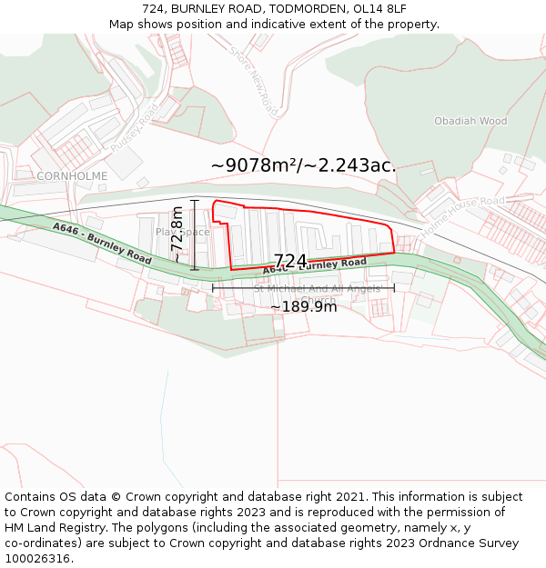 724, BURNLEY ROAD, TODMORDEN, OL14 8LF: Plot and title map
