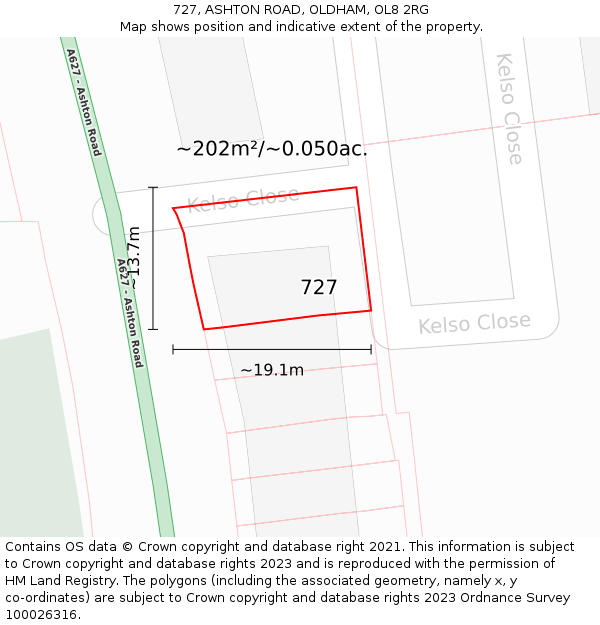727, ASHTON ROAD, OLDHAM, OL8 2RG: Plot and title map