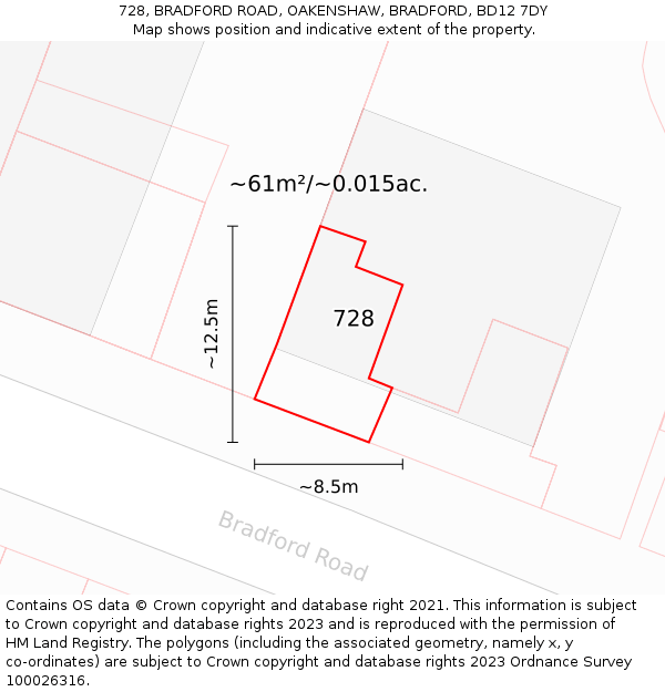 728, BRADFORD ROAD, OAKENSHAW, BRADFORD, BD12 7DY: Plot and title map