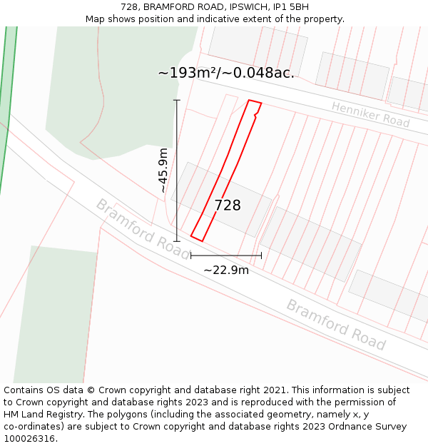 728, BRAMFORD ROAD, IPSWICH, IP1 5BH: Plot and title map