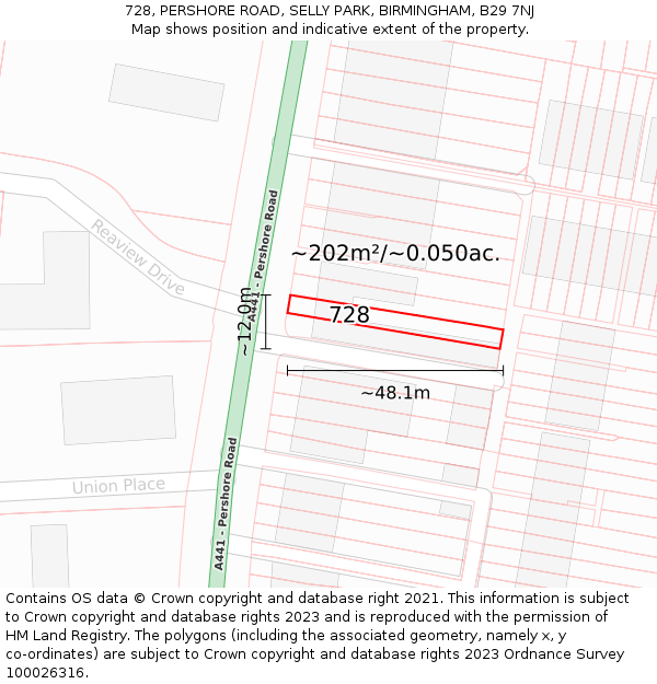 728, PERSHORE ROAD, SELLY PARK, BIRMINGHAM, B29 7NJ: Plot and title map