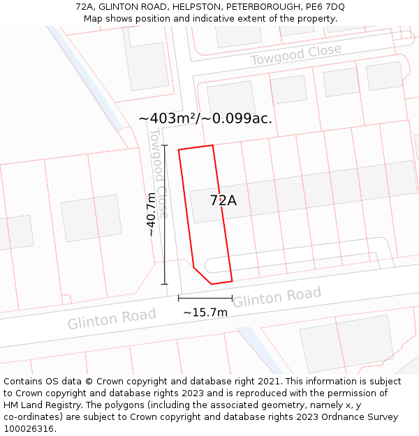 72A, GLINTON ROAD, HELPSTON, PETERBOROUGH, PE6 7DQ: Plot and title map