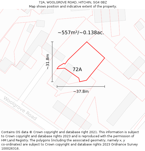 72A, WOOLGROVE ROAD, HITCHIN, SG4 0BZ: Plot and title map