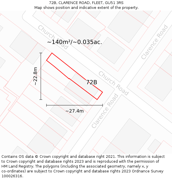 72B, CLARENCE ROAD, FLEET, GU51 3RS: Plot and title map