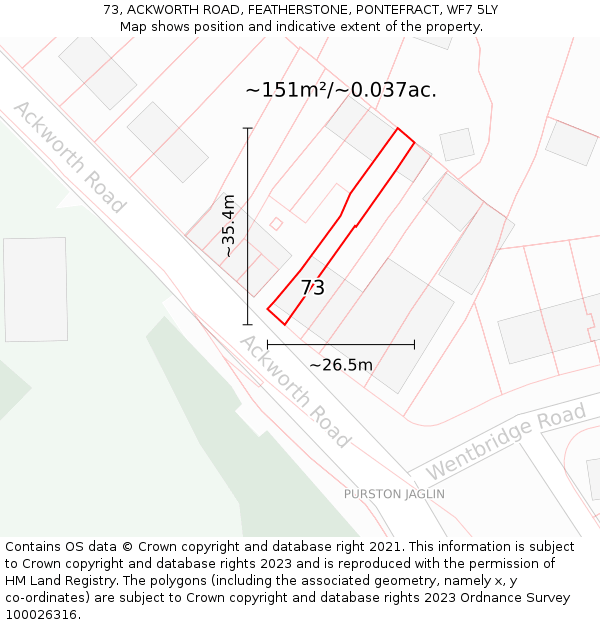 73, ACKWORTH ROAD, FEATHERSTONE, PONTEFRACT, WF7 5LY: Plot and title map