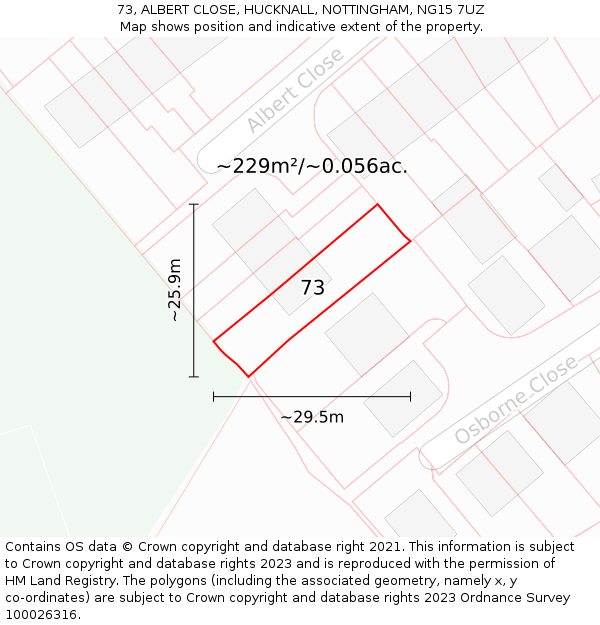 73, ALBERT CLOSE, HUCKNALL, NOTTINGHAM, NG15 7UZ: Plot and title map