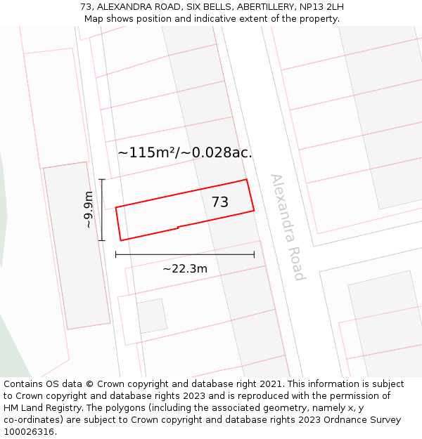 73, ALEXANDRA ROAD, SIX BELLS, ABERTILLERY, NP13 2LH: Plot and title map