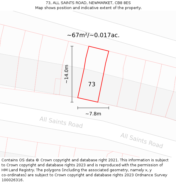 73, ALL SAINTS ROAD, NEWMARKET, CB8 8ES: Plot and title map