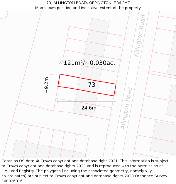 73, ALLINGTON ROAD, ORPINGTON, BR6 8AZ: Plot and title map