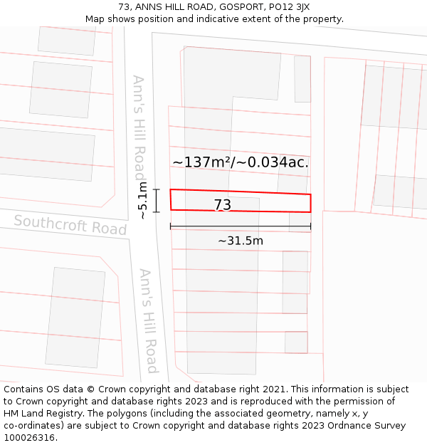 73, ANNS HILL ROAD, GOSPORT, PO12 3JX: Plot and title map