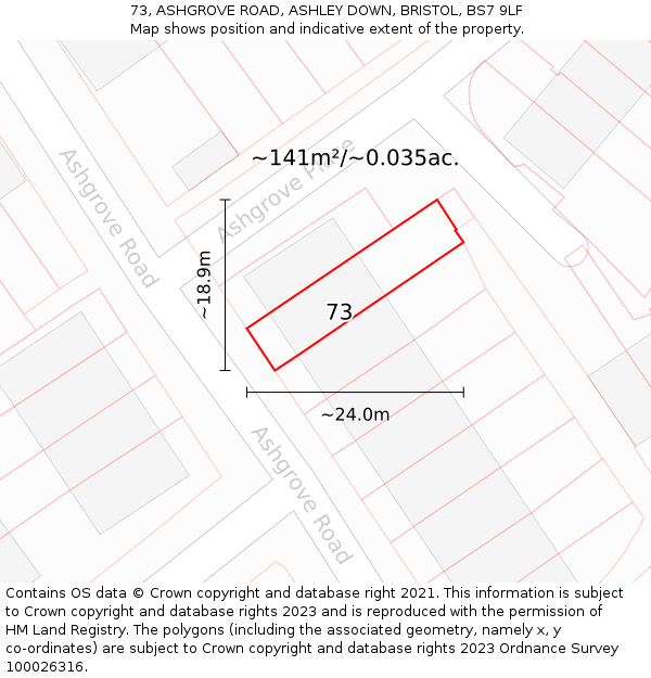 73, ASHGROVE ROAD, ASHLEY DOWN, BRISTOL, BS7 9LF: Plot and title map