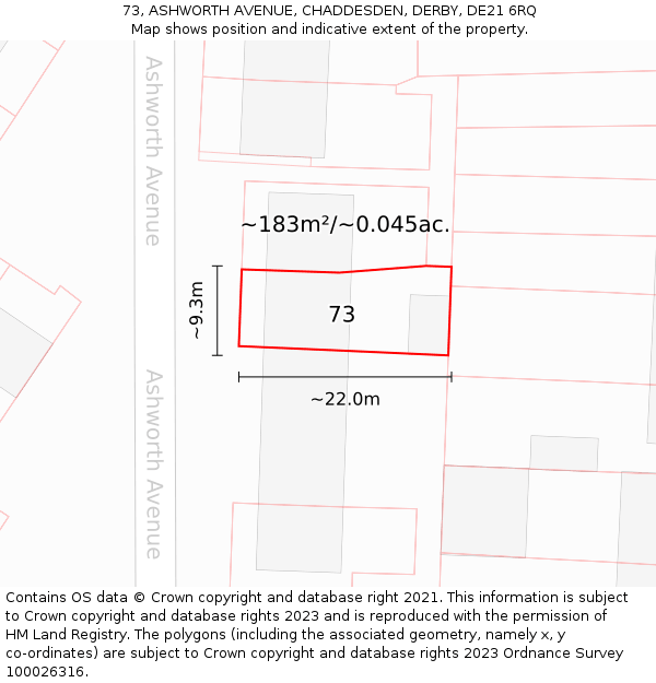 73, ASHWORTH AVENUE, CHADDESDEN, DERBY, DE21 6RQ: Plot and title map