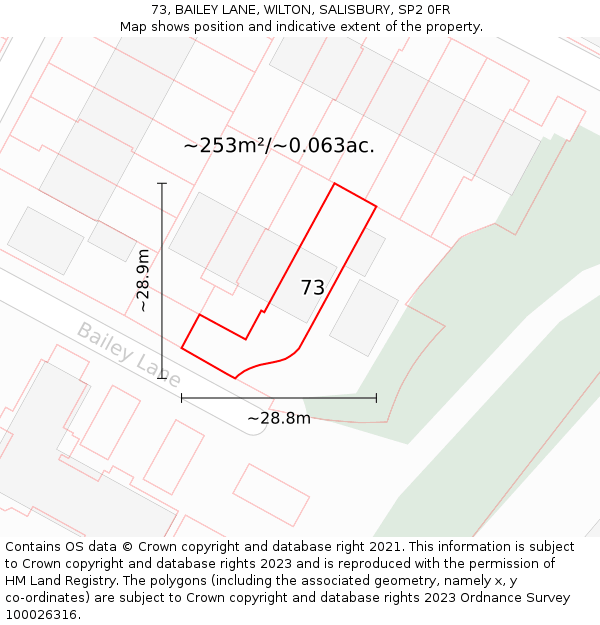 73, BAILEY LANE, WILTON, SALISBURY, SP2 0FR: Plot and title map