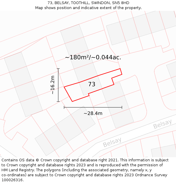 73, BELSAY, TOOTHILL, SWINDON, SN5 8HD: Plot and title map